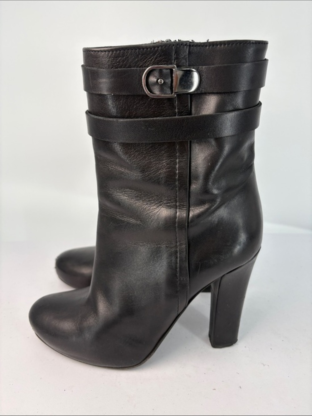 🌪️ del gatto Italian made Black Leather High-Heel Ankle Boots with Buckle Strap